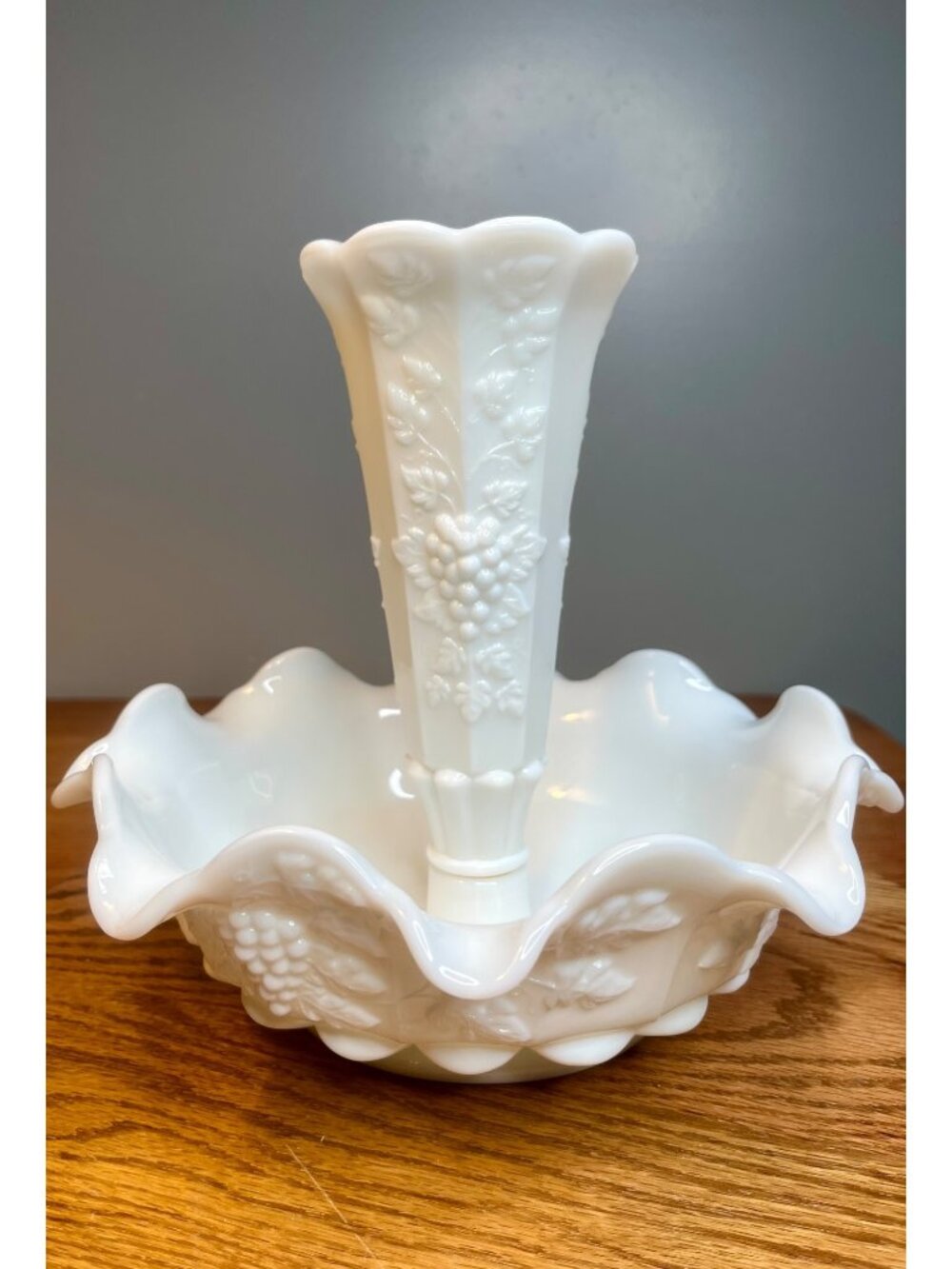 2 Piece Epergne Set, 9" Crimped Bowl with 8" Vase Paneled Grape Milk Glass by W